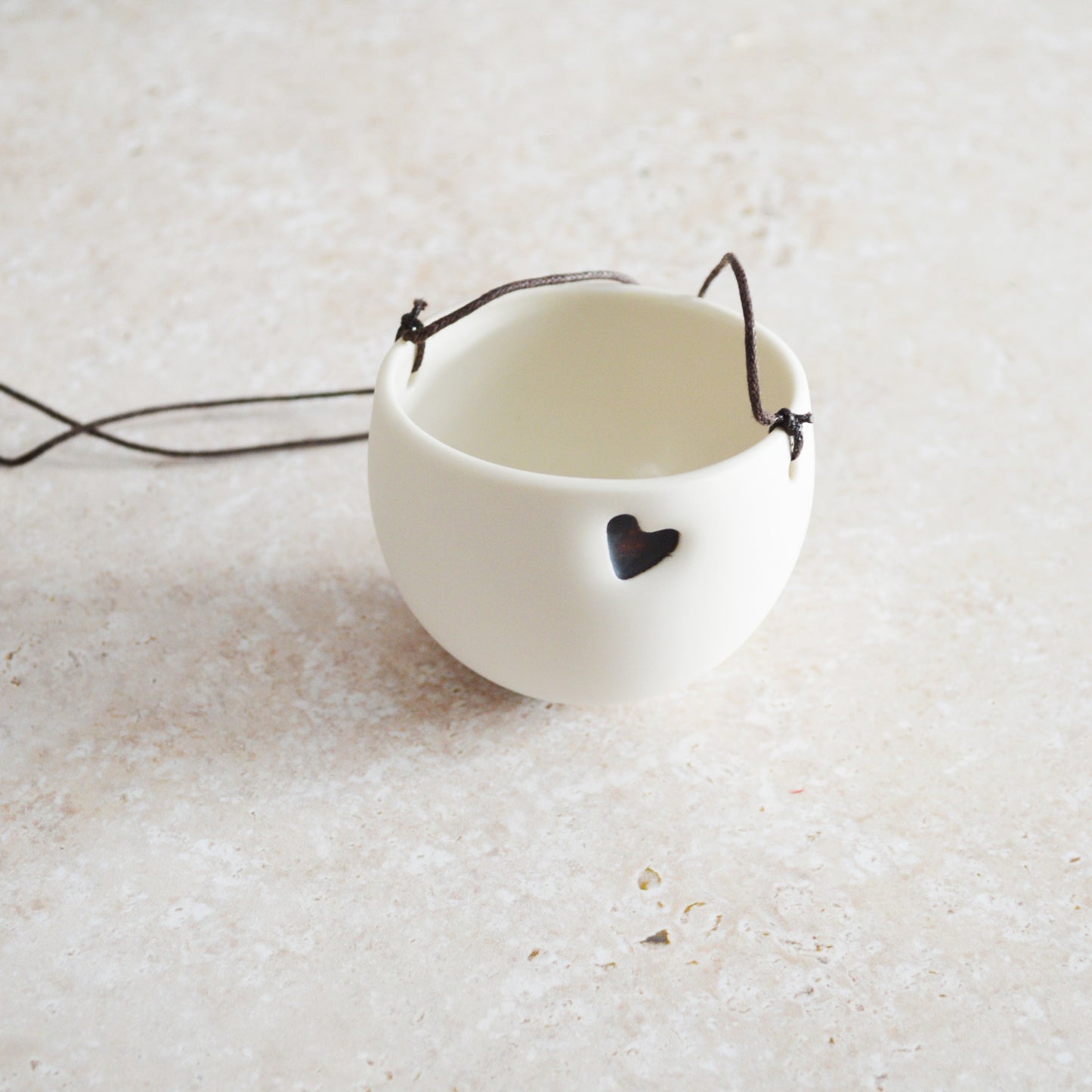 Discontinued* Small Hanging Planter with a Oxide Embossed Heart and Brown String for Hanging | Porcelain | Hanging Planter (B25)