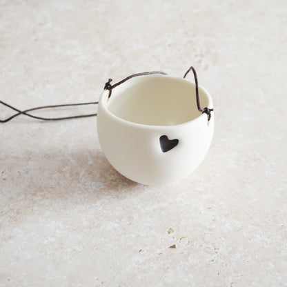 Discontinued* Small Hanging Planter with a Oxide Embossed Heart and Brown String for Hanging | Porcelain | Hanging Planter (B25)