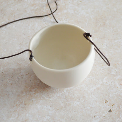 Discontinued* Small Hanging Planter with a Oxide Embossed Heart and Brown String for Hanging | Porcelain | Hanging Planter (B25)