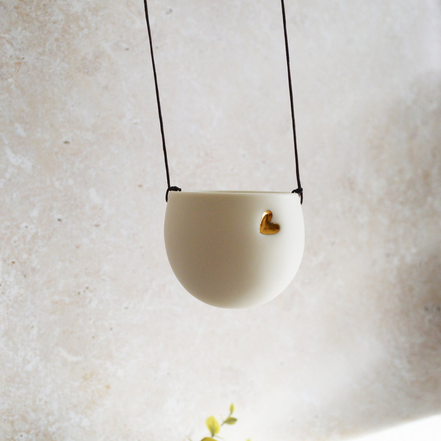 Discontinued* Small Hanging Planter with a Gold Embossed Heart and Brown String for Hanging | Porcelain | Hanging Planter (B27)