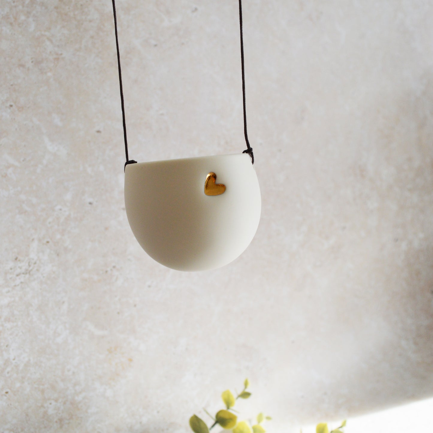 Discontinued* Small Hanging Planter with a Gold Embossed Heart and Brown String for Hanging | Porcelain | Hanging Planter (B27)