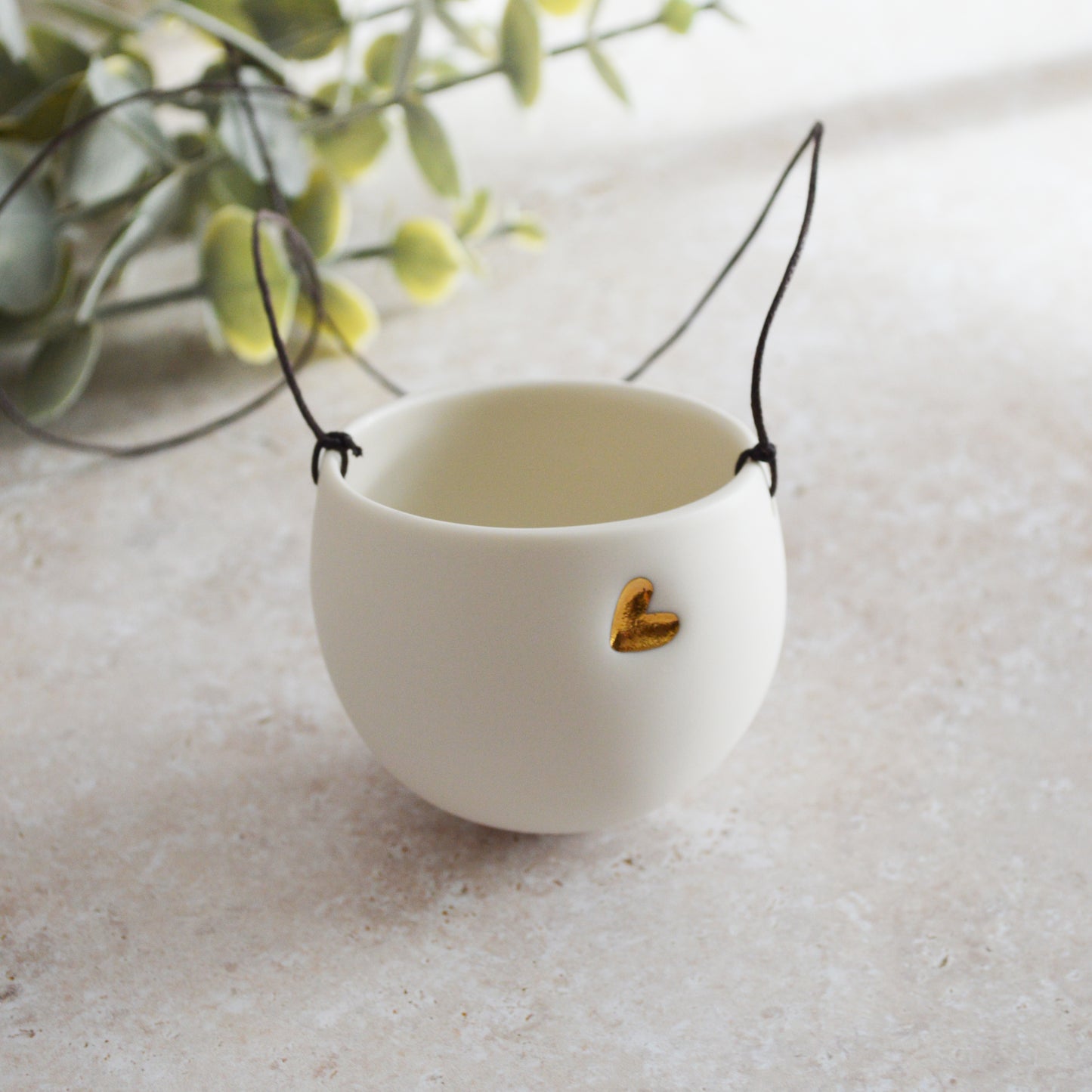 Discontinued* Small Hanging Planter with a Gold Embossed Heart and Brown String for Hanging | Porcelain | Hanging Planter (B27)