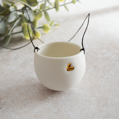 Discontinued* Small Hanging Planter with a Gold Embossed Heart and Brown String for Hanging | Porcelain | Hanging Planter (B27)
