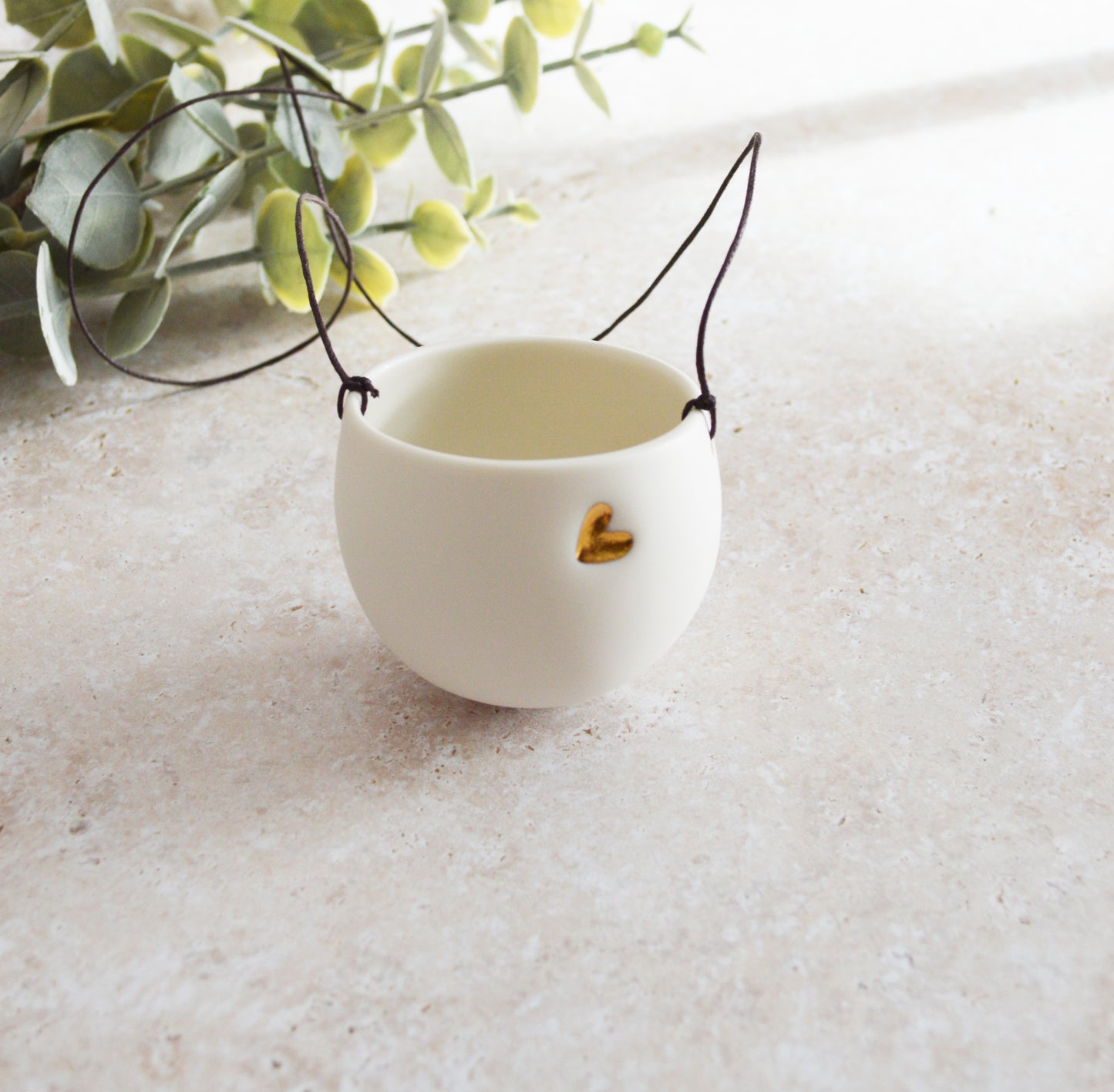 Discontinued* Small Hanging Planter with a Gold Embossed Heart and Brown String for Hanging | Porcelain | Hanging Planter (B27)
