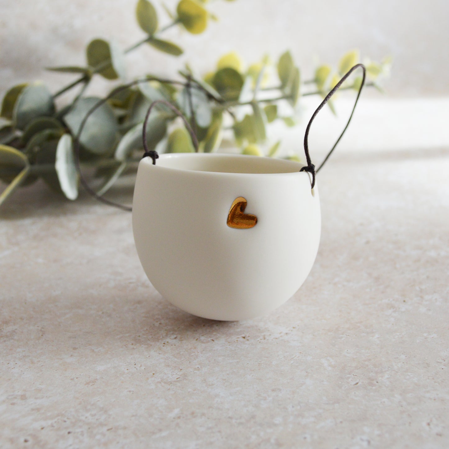 Discontinued* Small Hanging Planter with a Gold Embossed Heart and Brown String for Hanging | Porcelain | Hanging Planter (B27)