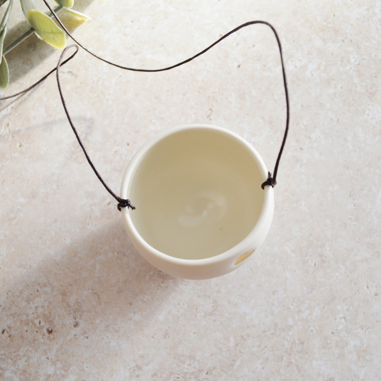 Discontinued* Small Hanging Planter with a Gold Embossed Heart and Brown String for Hanging | Porcelain | Hanging Planter (B27)