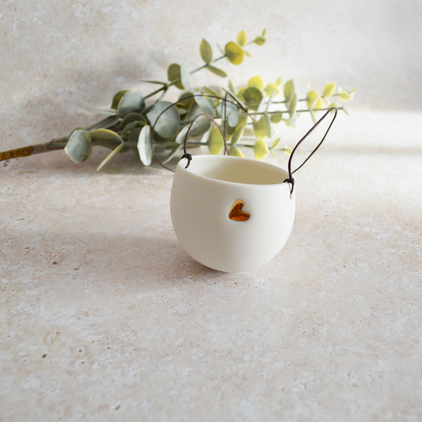 Discontinued* Small Hanging Planter with a Gold Embossed Heart and Brown String for Hanging | Porcelain | Hanging Planter (B27)