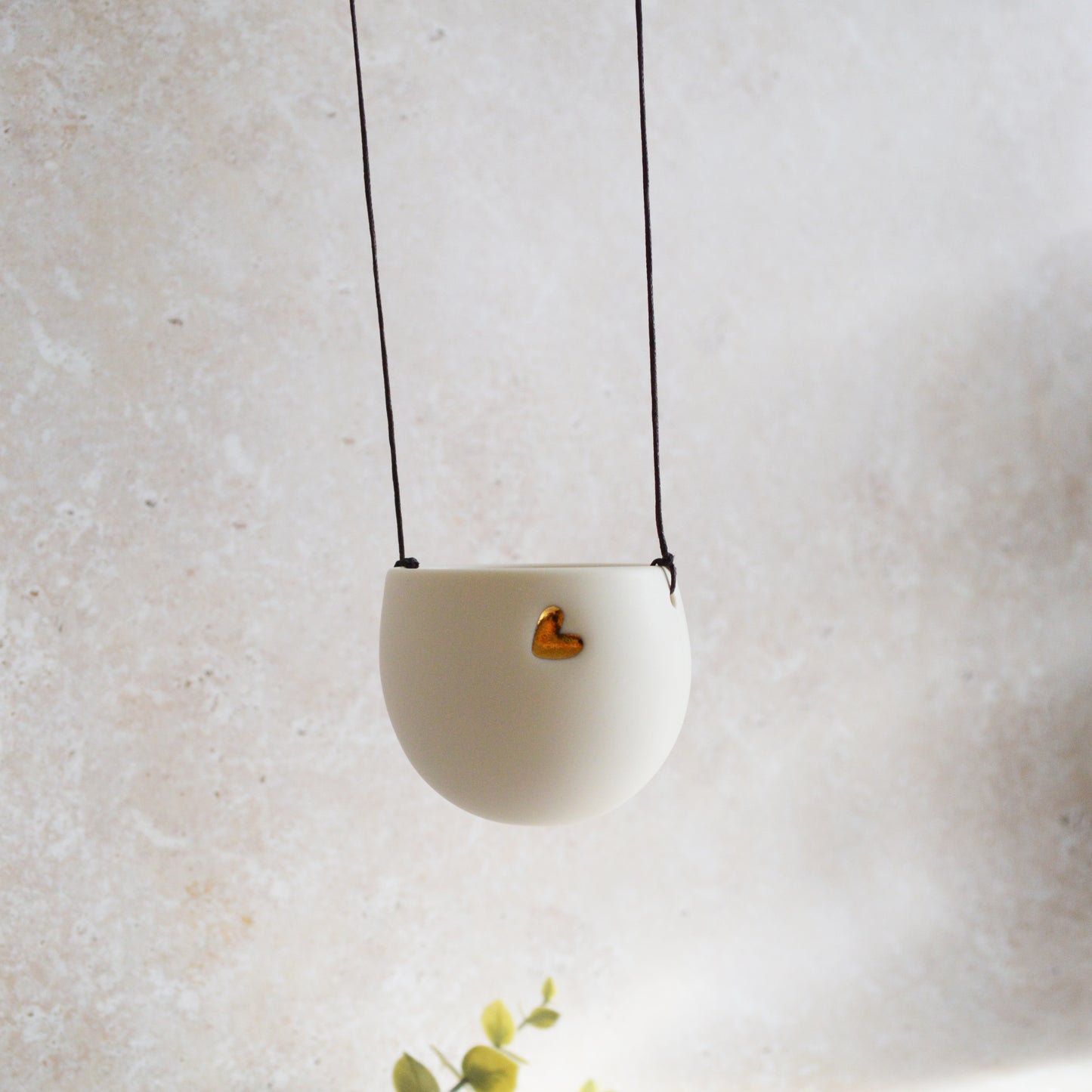 Discontinued* Small Hanging Planter with a Gold Embossed Heart and Brown String for Hanging | Porcelain | Hanging Planter (B27)