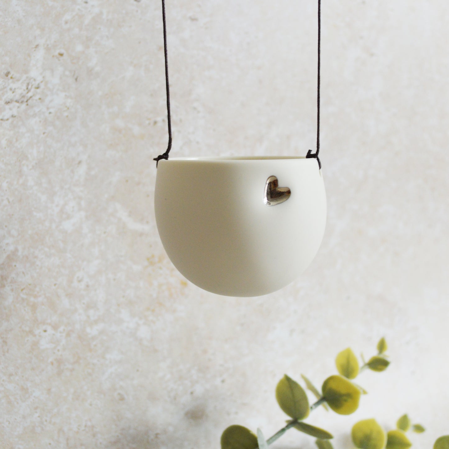 Seconds* Discontinued* Small Hanging Planter with a Silver (Platinum) Embossed Heart and Brown String for Hanging | Porcelain | Hanging Planter (B28)