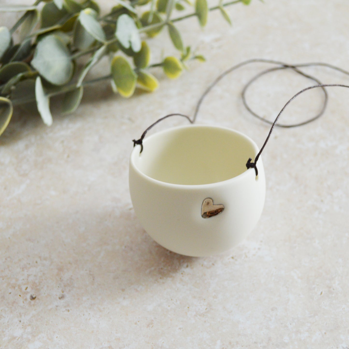 Seconds* Discontinued* Small Hanging Planter with a Silver (Platinum) Embossed Heart and Brown String for Hanging | Porcelain | Hanging Planter (B28)