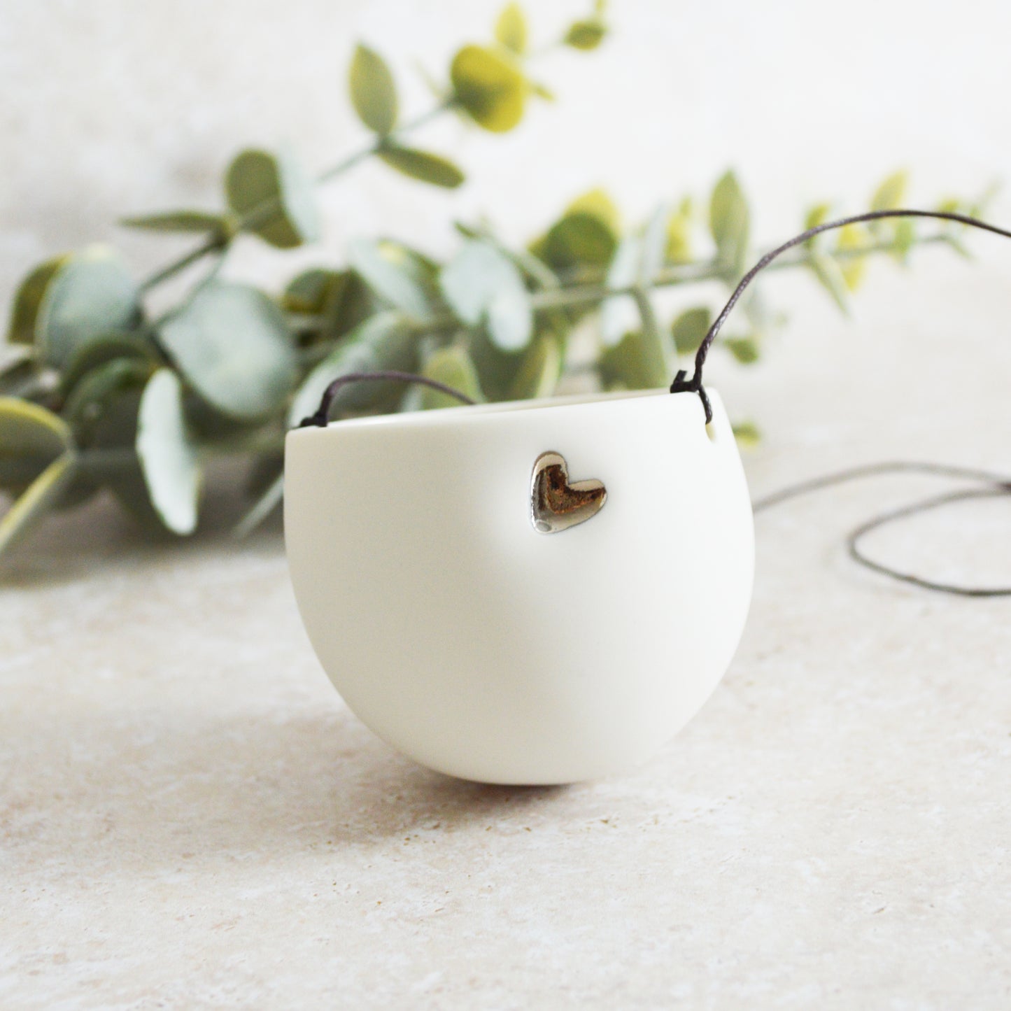 Seconds* Discontinued* Small Hanging Planter with a Silver (Platinum) Embossed Heart and Brown String for Hanging | Porcelain | Hanging Planter (B28)