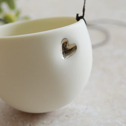 Seconds* Discontinued* Small Hanging Planter with a Silver (Platinum) Embossed Heart and Brown String for Hanging | Porcelain | Hanging Planter (B28)
