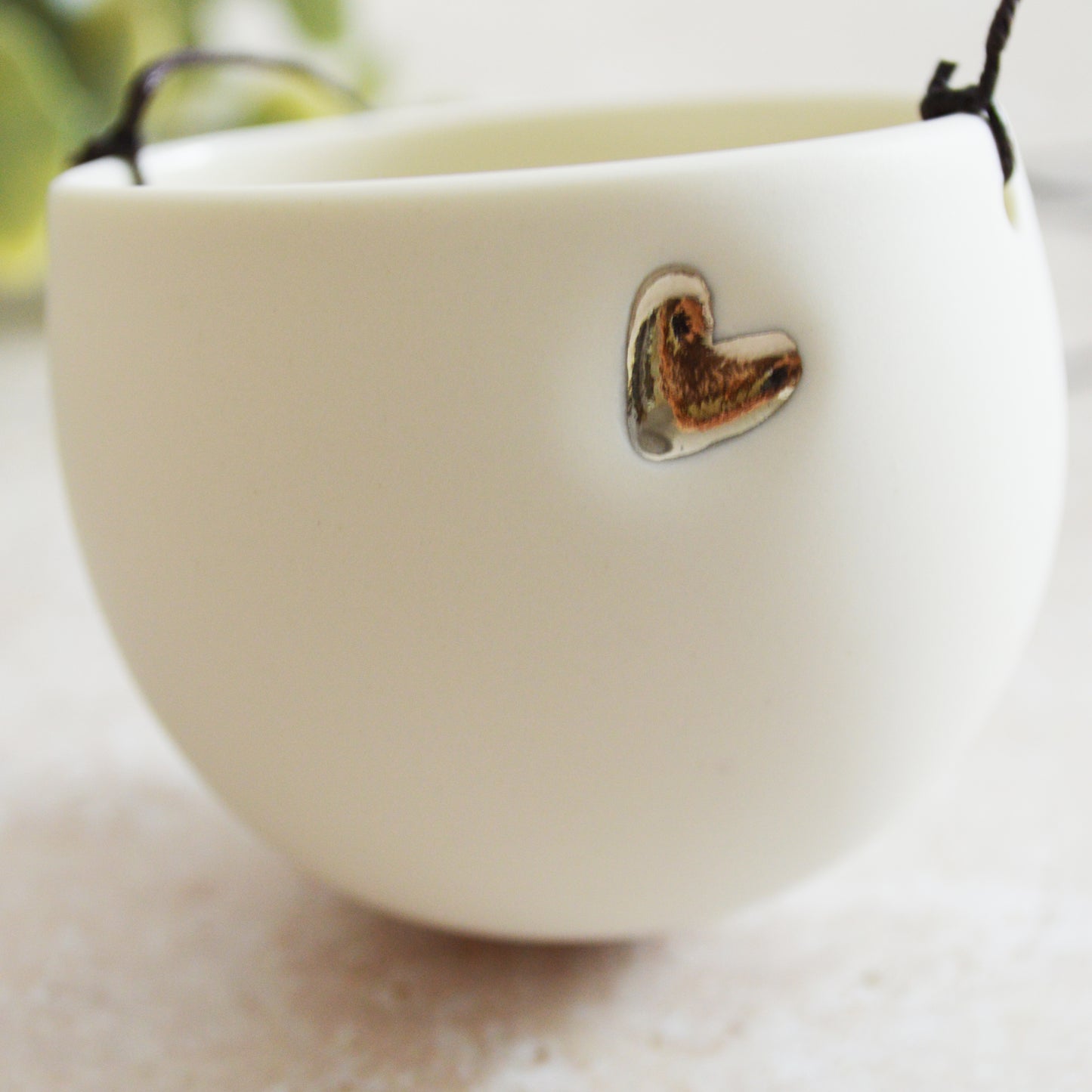 Seconds* Discontinued* Small Hanging Planter with a Silver (Platinum) Embossed Heart and Brown String for Hanging | Porcelain | Hanging Planter (B28)