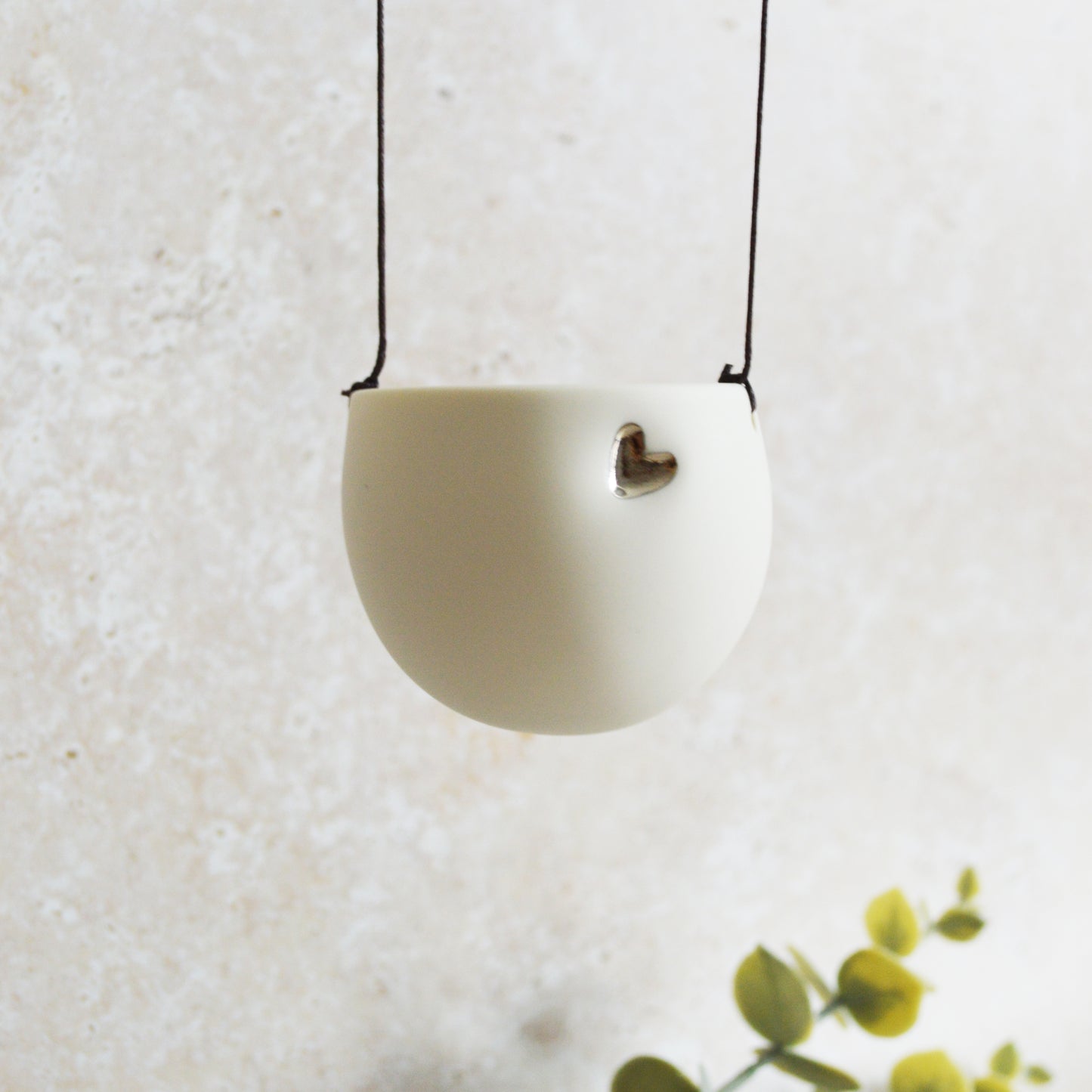 Seconds* Discontinued* Small Hanging Planter with a Silver (Platinum) Embossed Heart and Brown String for Hanging | Porcelain | Hanging Planter (B28)