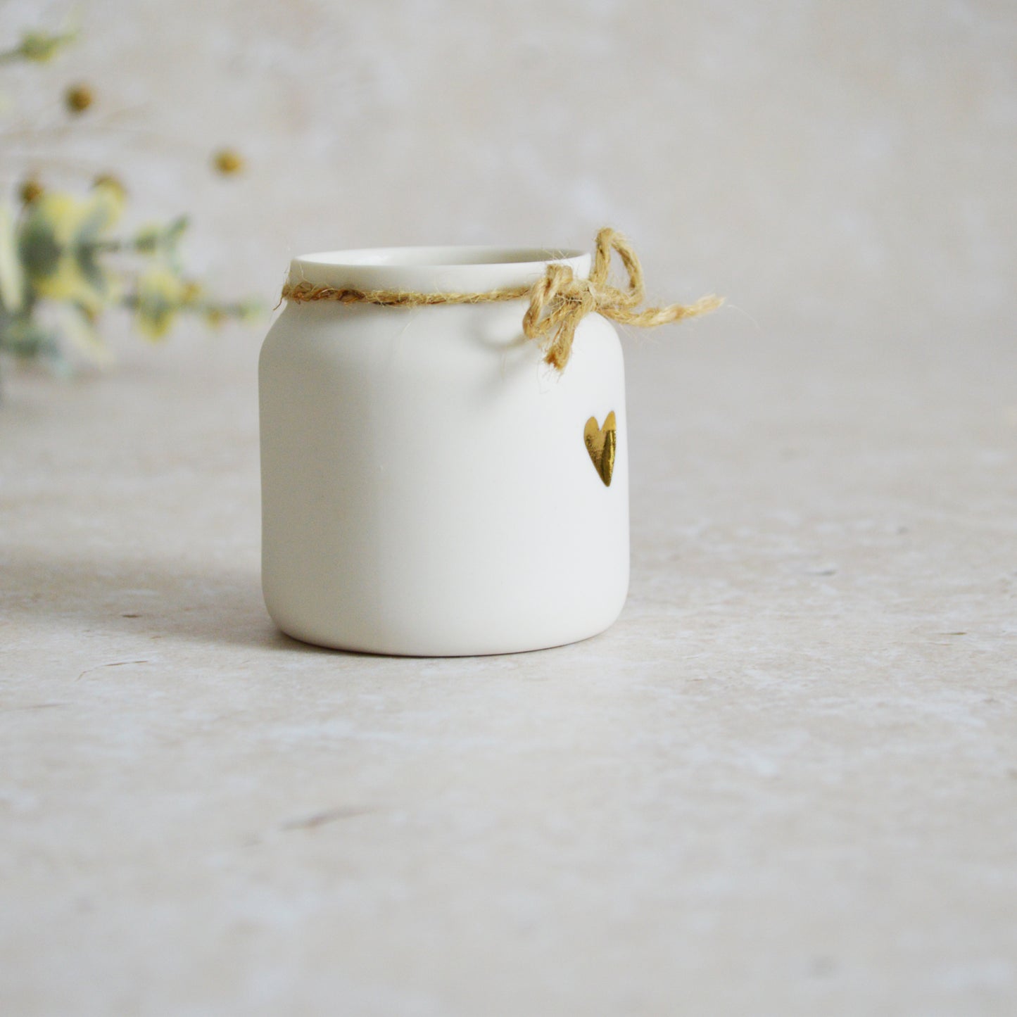 Discontinued* Small White Jar with Gold Embossed Heart and Twine | Porcelain Jar (B29)