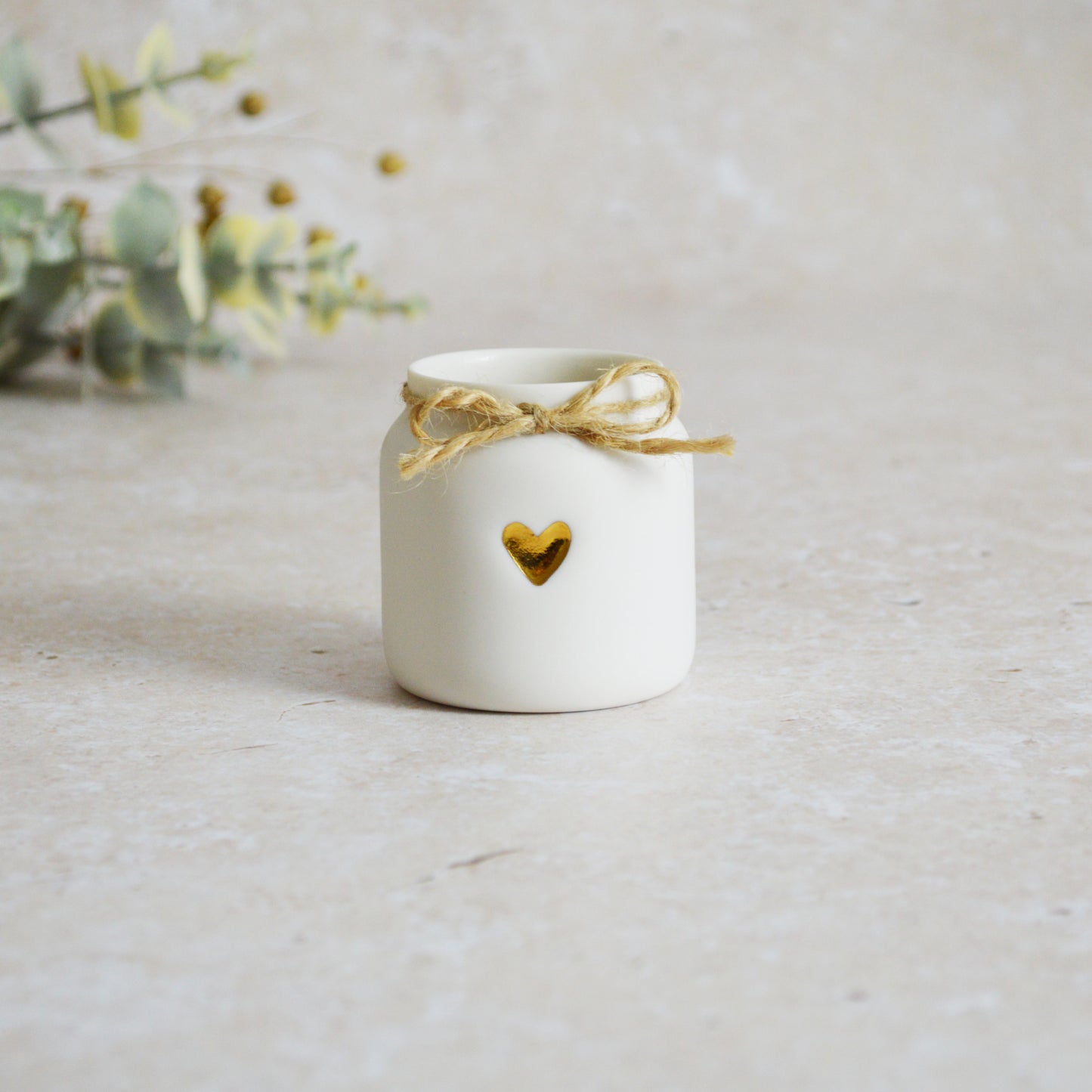 Discontinued* Small White Jar with Gold Embossed Heart and Twine | Porcelain Jar (B29)