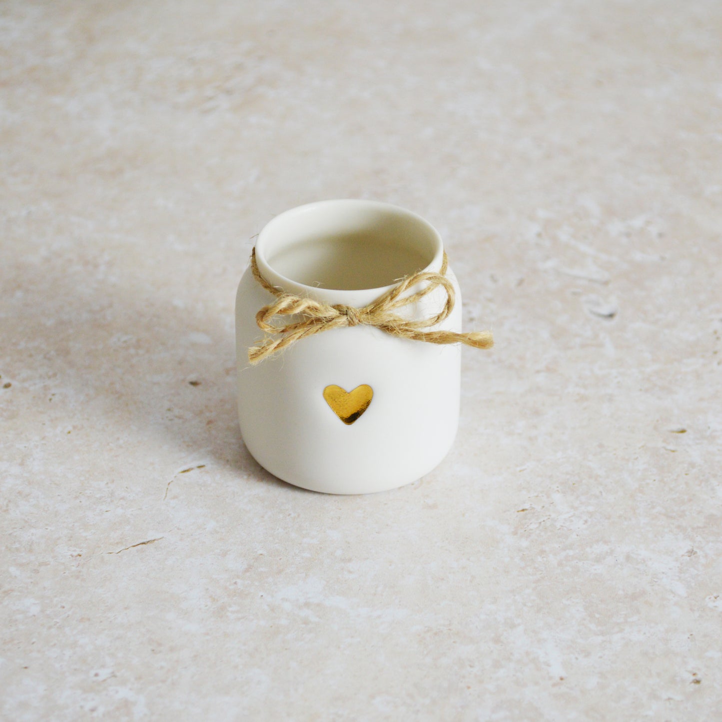 Discontinued* Small White Jar with Gold Embossed Heart and Twine | Porcelain Jar (B29)