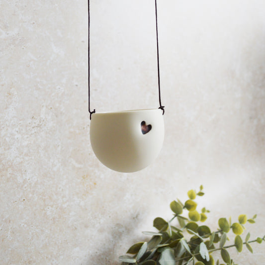 Discontinued* Small Hanging Planter with a Oxide Embossed Heart and Brown String for Hanging | Porcelain | Hanging Planter (B30)