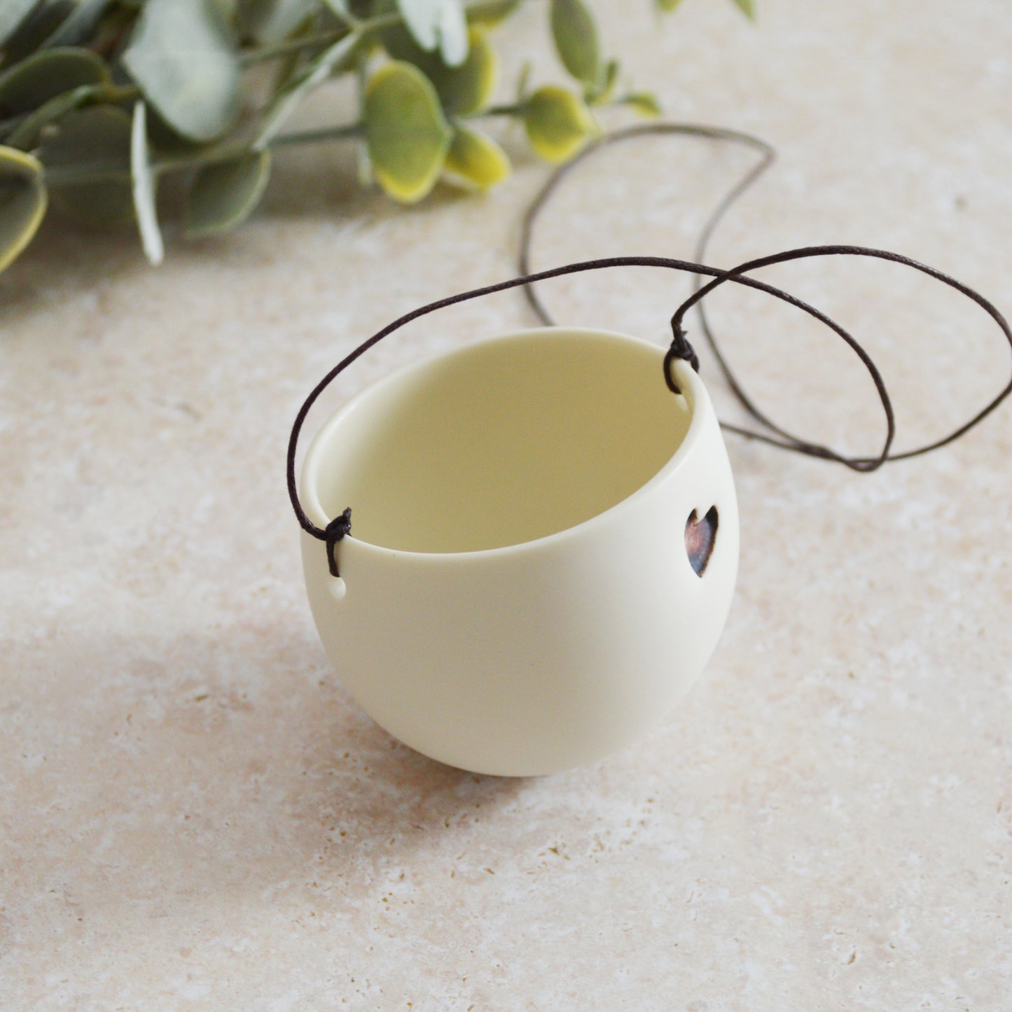 Discontinued* Small Hanging Planter with a Oxide Embossed Heart and Brown String for Hanging | Porcelain | Hanging Planter (B30)