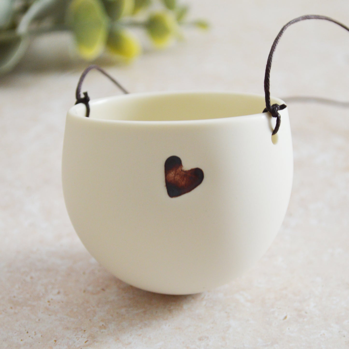 Discontinued* Small Hanging Planter with a Oxide Embossed Heart and Brown String for Hanging | Porcelain | Hanging Planter (B30)