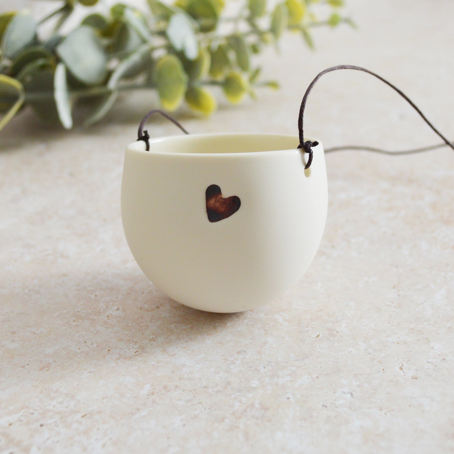 Discontinued* Small Hanging Planter with a Oxide Embossed Heart and Brown String for Hanging | Porcelain | Hanging Planter (B30)
