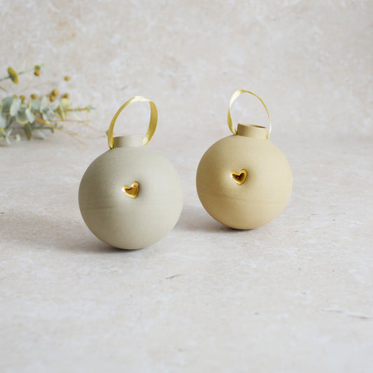 Seconds* Large Pastel Bauble With A Gold Heart | Stoneware | Hanging Christmas Decorations | Christmas Tree Decor (B31)