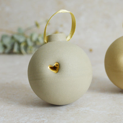 Seconds* Large Pastel Bauble With A Gold Heart | Stoneware | Hanging Christmas Decorations | Christmas Tree Decor (B31)
