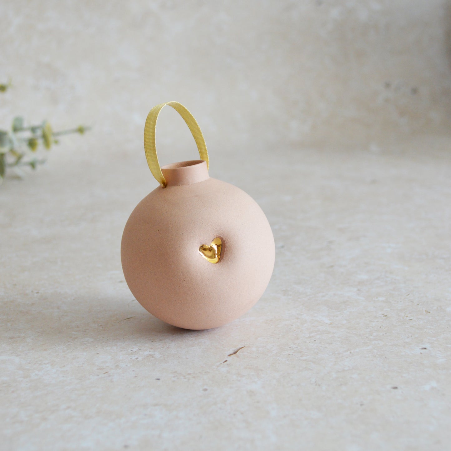 Seconds* Pastel PINK Large Pastel Bauble With A Gold Heart | Stoneware | Hanging Christmas Decorations | Christmas Tree Decor (B32)