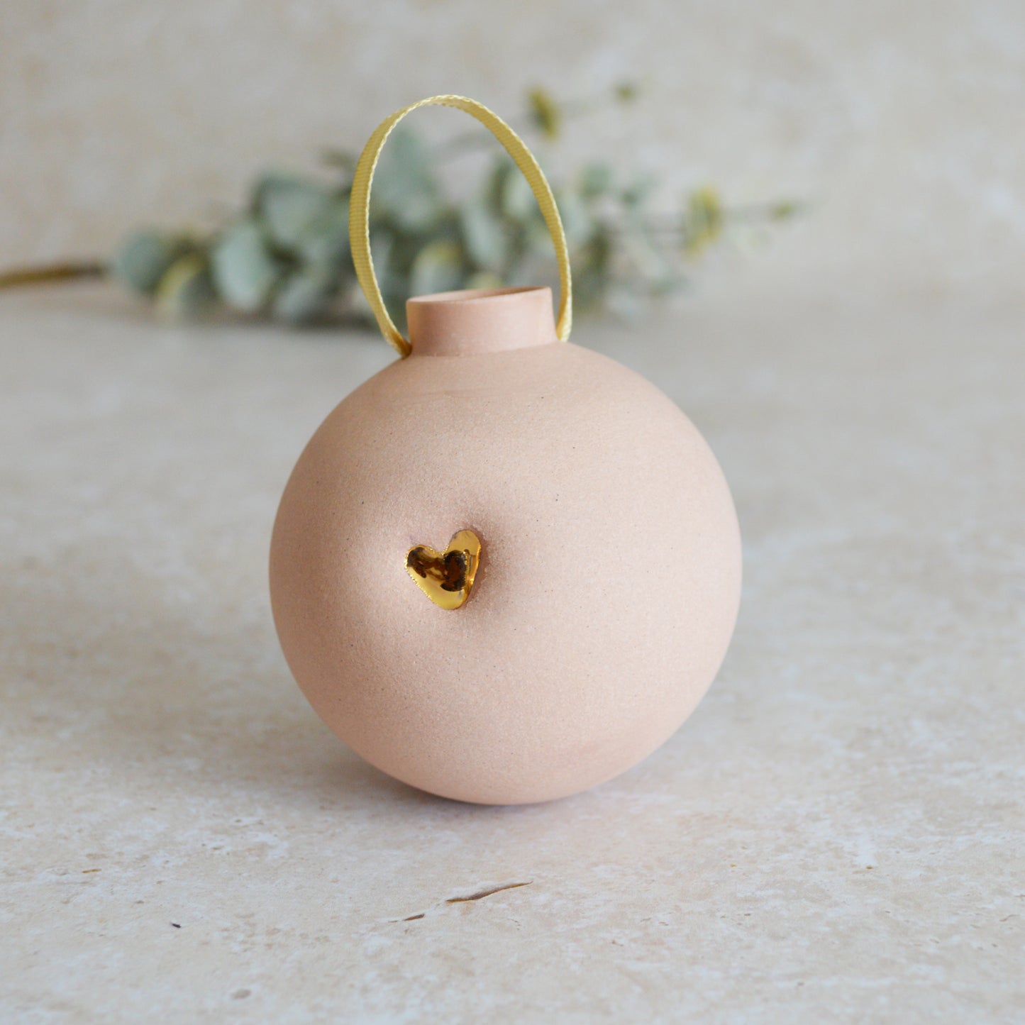 Seconds* Pastel PINK Large Pastel Bauble With A Gold Heart | Stoneware | Hanging Christmas Decorations | Christmas Tree Decor (B32)