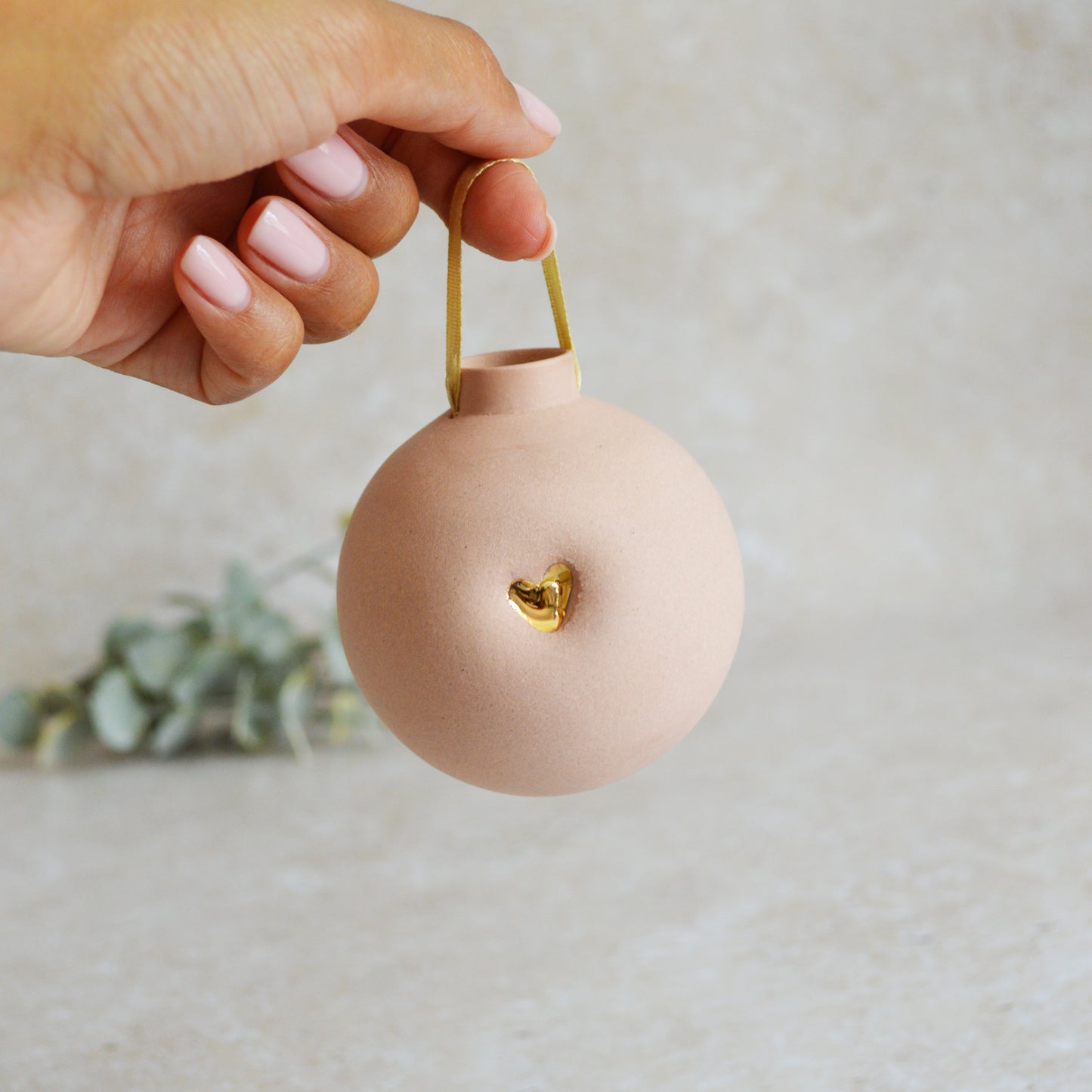 Seconds* Pastel PINK Large Pastel Bauble With A Gold Heart | Stoneware | Hanging Christmas Decorations | Christmas Tree Decor (B32)