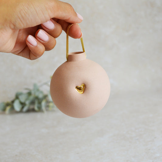 Seconds* Pastel PINK Large Pastel Bauble With A Gold Heart | Stoneware | Hanging Christmas Decorations | Christmas Tree Decor (B32)