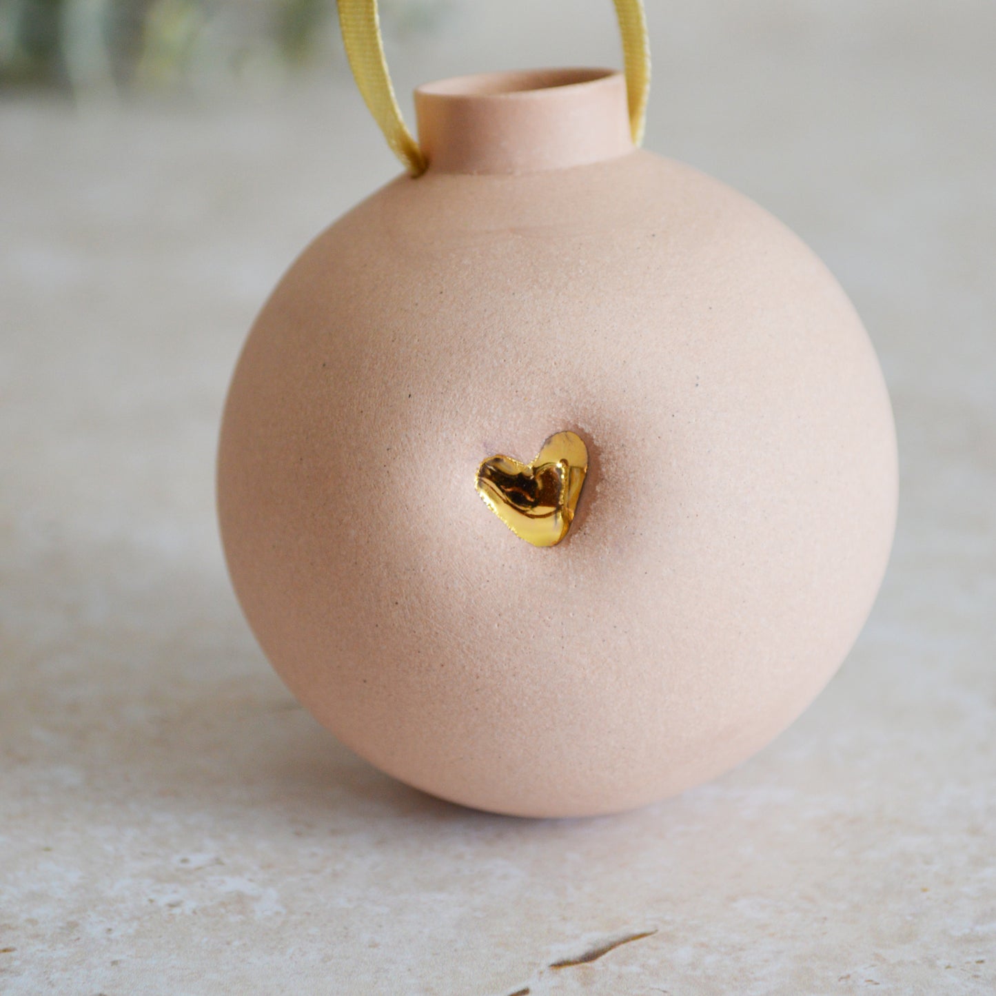 Seconds* Pastel PINK Large Pastel Bauble With A Gold Heart | Stoneware | Hanging Christmas Decorations | Christmas Tree Decor (B32)