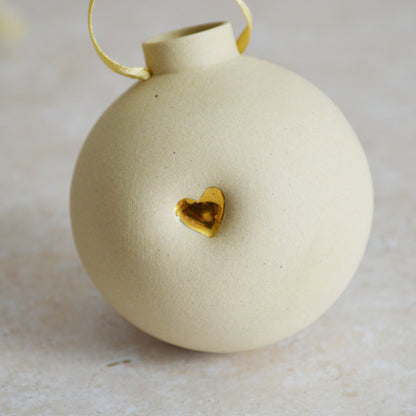 Seconds* BEIGE Large Pastel Bauble With A Gold Heart | Stoneware | Hanging Christmas Decorations | Christmas Tree Decor (B33)