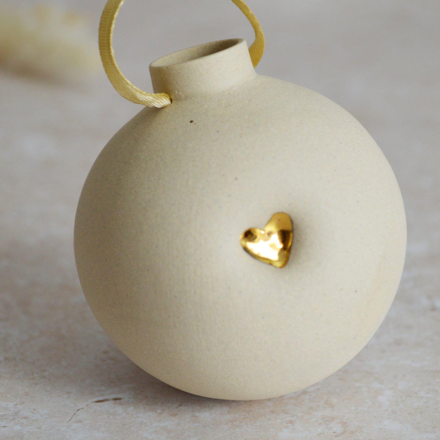 Seconds* BEIGE Large Pastel Bauble With A Gold Heart | Stoneware | Hanging Christmas Decorations | Christmas Tree Decor (B33)