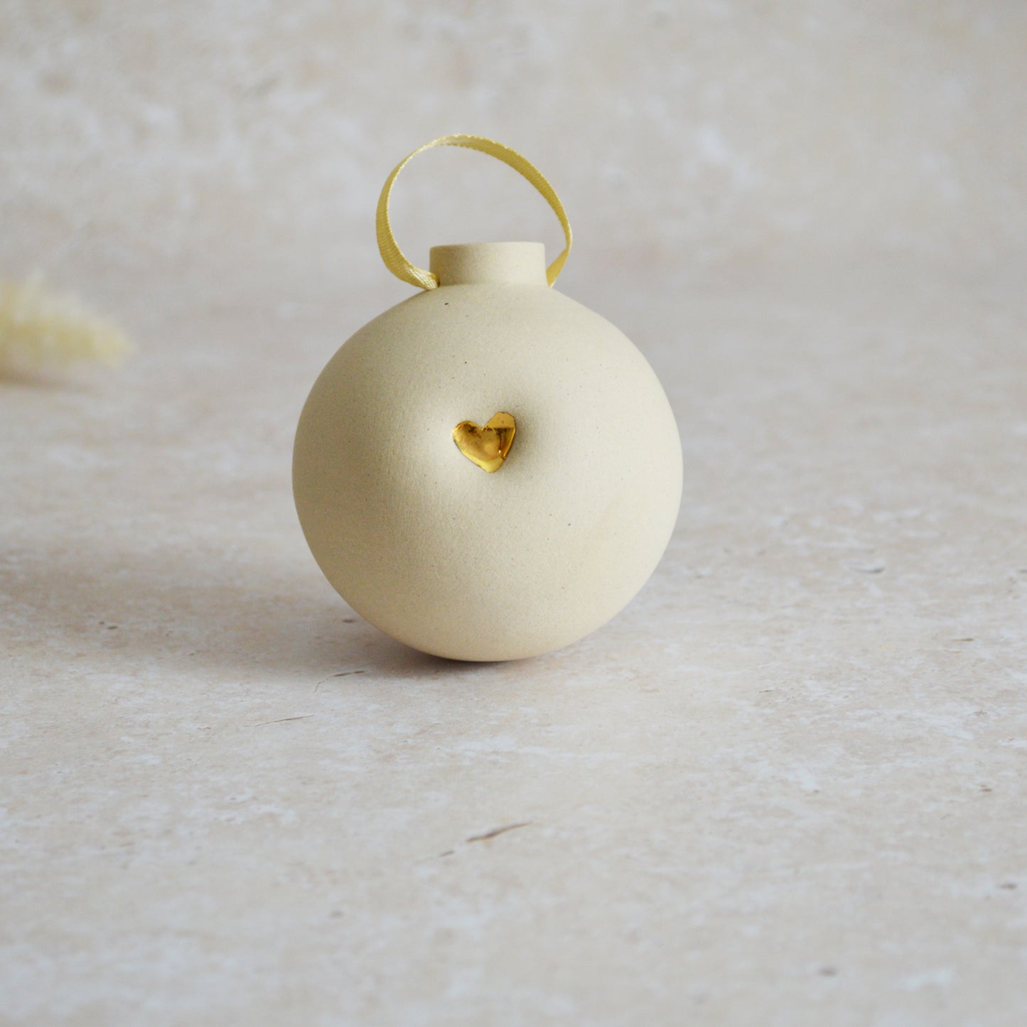 Seconds* BEIGE Large Pastel Bauble With A Gold Heart | Stoneware | Hanging Christmas Decorations | Christmas Tree Decor (B33)