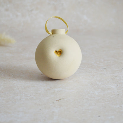 Seconds* BEIGE Large Pastel Bauble With A Gold Heart | Stoneware | Hanging Christmas Decorations | Christmas Tree Decor (B33)