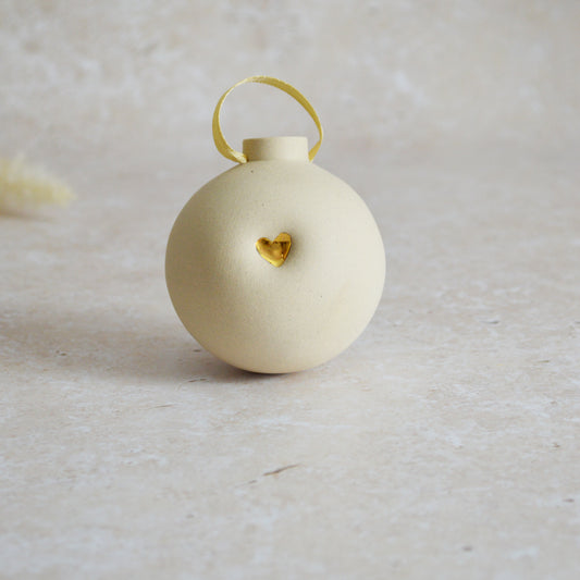 Seconds* BEIGE Large Pastel Bauble With A Gold Heart | Stoneware | Hanging Christmas Decorations | Christmas Tree Decor (B33)