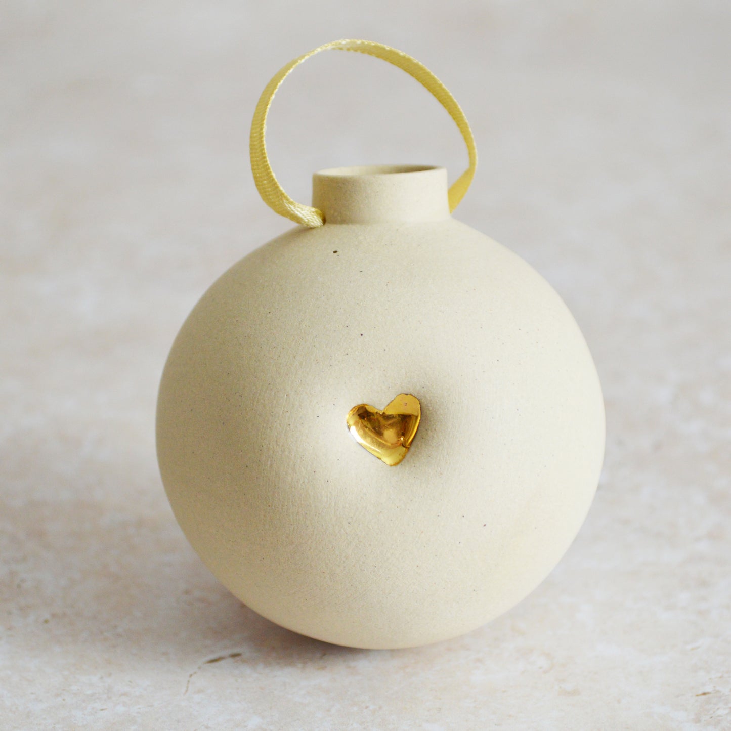 Seconds* BEIGE Large Pastel Bauble With A Gold Heart | Stoneware | Hanging Christmas Decorations | Christmas Tree Decor (B33)
