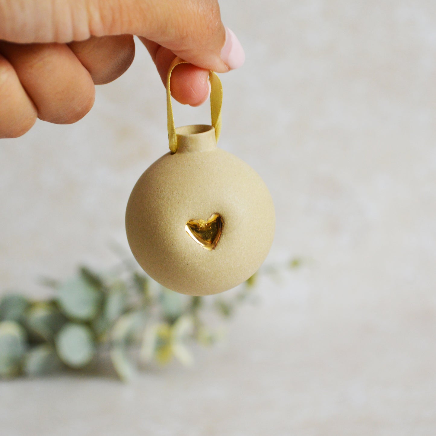 Seconds* BROWN Small Pastel Bauble With A Gold Heart | Stoneware | Hanging Christmas Decorations | Christmas Tree Decor (B34)