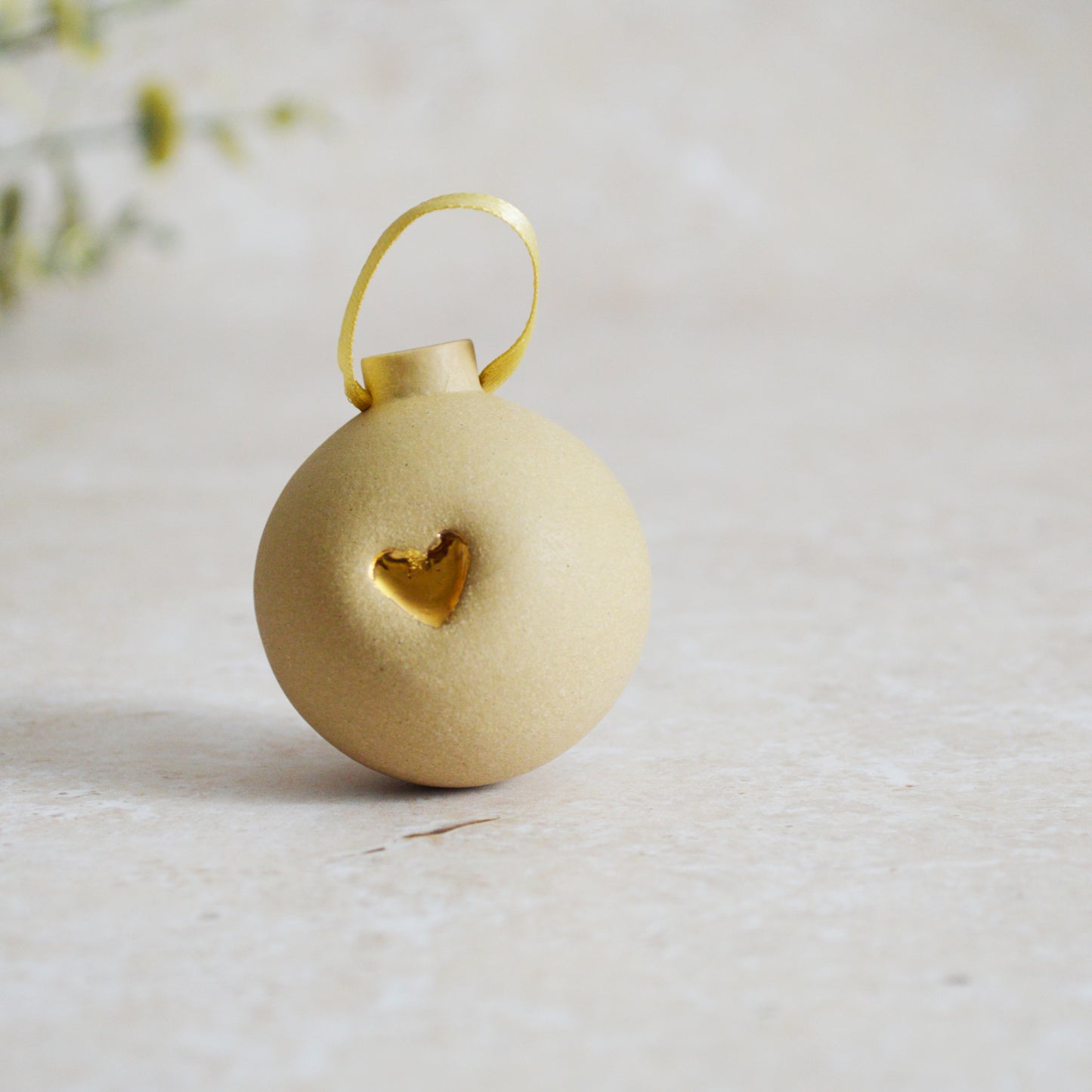 Seconds* BROWN Small Pastel Bauble With A Gold Heart | Stoneware | Hanging Christmas Decorations | Christmas Tree Decor (B34)
