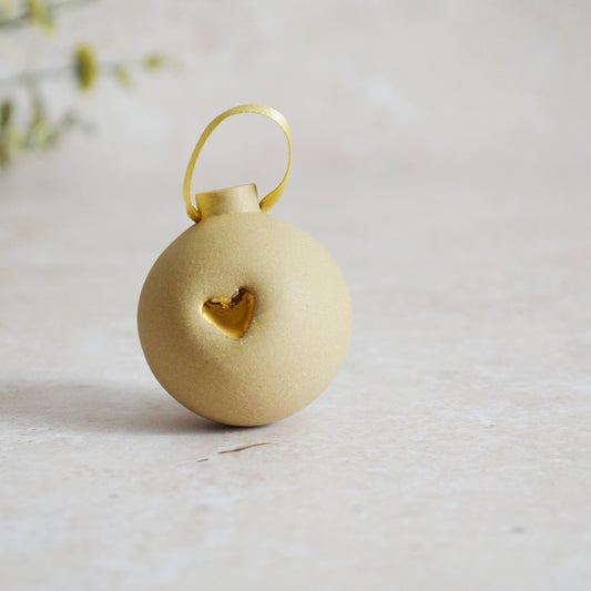 Seconds* BROWN Small Pastel Bauble With A Gold Heart | Stoneware | Hanging Christmas Decorations | Christmas Tree Decor (B34)