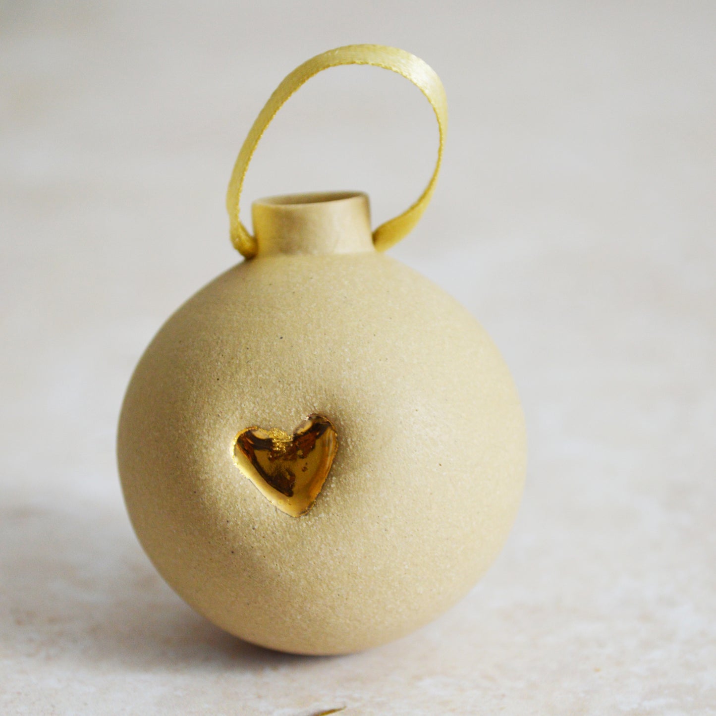 Seconds* BROWN Small Pastel Bauble With A Gold Heart | Stoneware | Hanging Christmas Decorations | Christmas Tree Decor (B34)