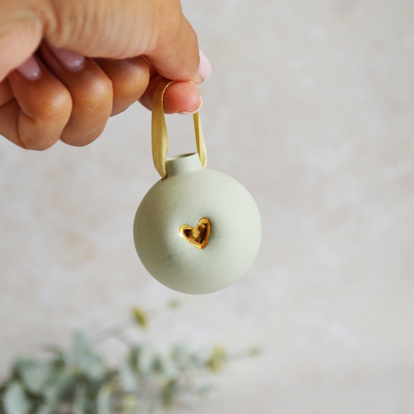 Seconds* Pastel MINT Small Pastel Bauble With A Gold Heart | Stoneware | Hanging Christmas Decorations | Christmas Tree Decor (B35)