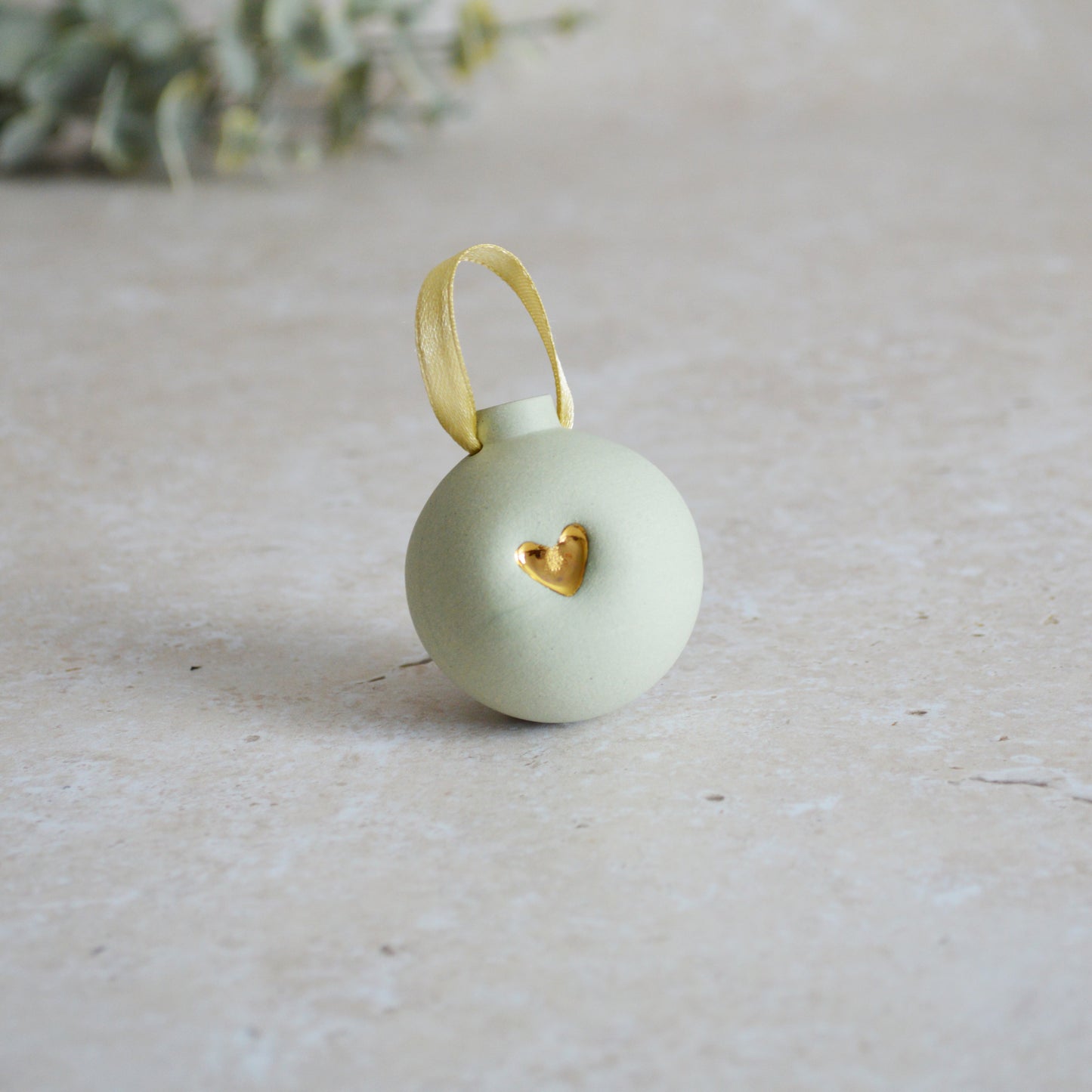 Seconds* Pastel MINT Small Pastel Bauble With A Gold Heart | Stoneware | Hanging Christmas Decorations | Christmas Tree Decor (B35)