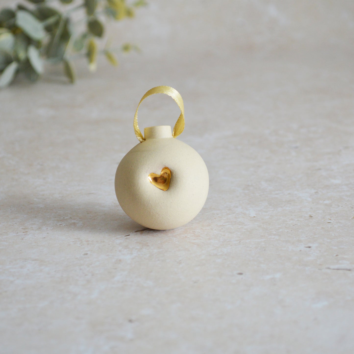 Seconds* BEIGE Small Pastel Bauble With A Gold Heart | Stoneware | Hanging Christmas Decorations | Christmas Tree Decor (B36)