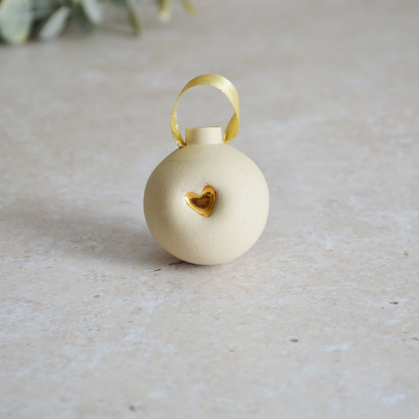 Seconds* BEIGE Small Pastel Bauble With A Gold Heart | Stoneware | Hanging Christmas Decorations | Christmas Tree Decor (B36)