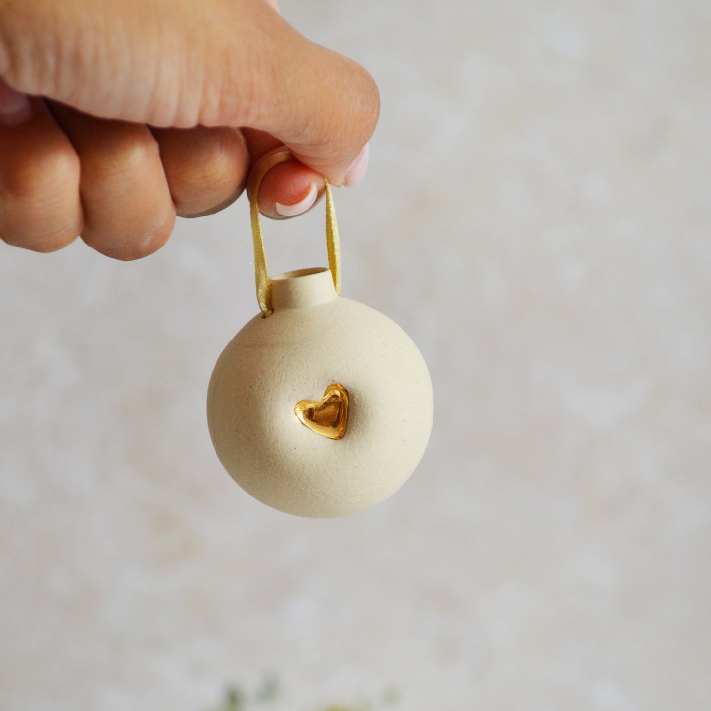 Seconds* BEIGE Small Pastel Bauble With A Gold Heart | Stoneware | Hanging Christmas Decorations | Christmas Tree Decor (B36)