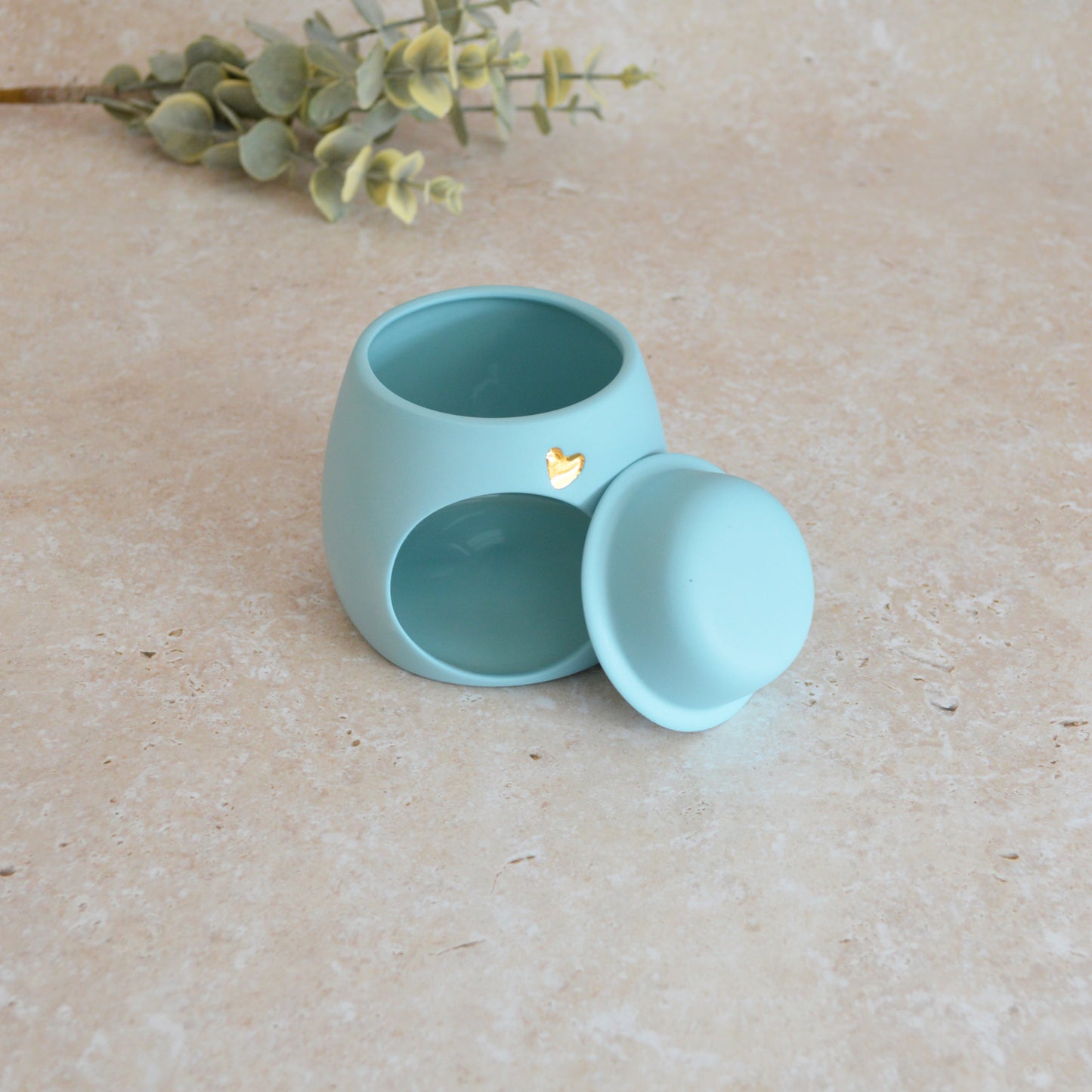 Seconds* Pastel BLUE Wax And Oil Burner With A Gold Embossed Heart And Detachable Lid | Wax Burner | Porcelain (B37)