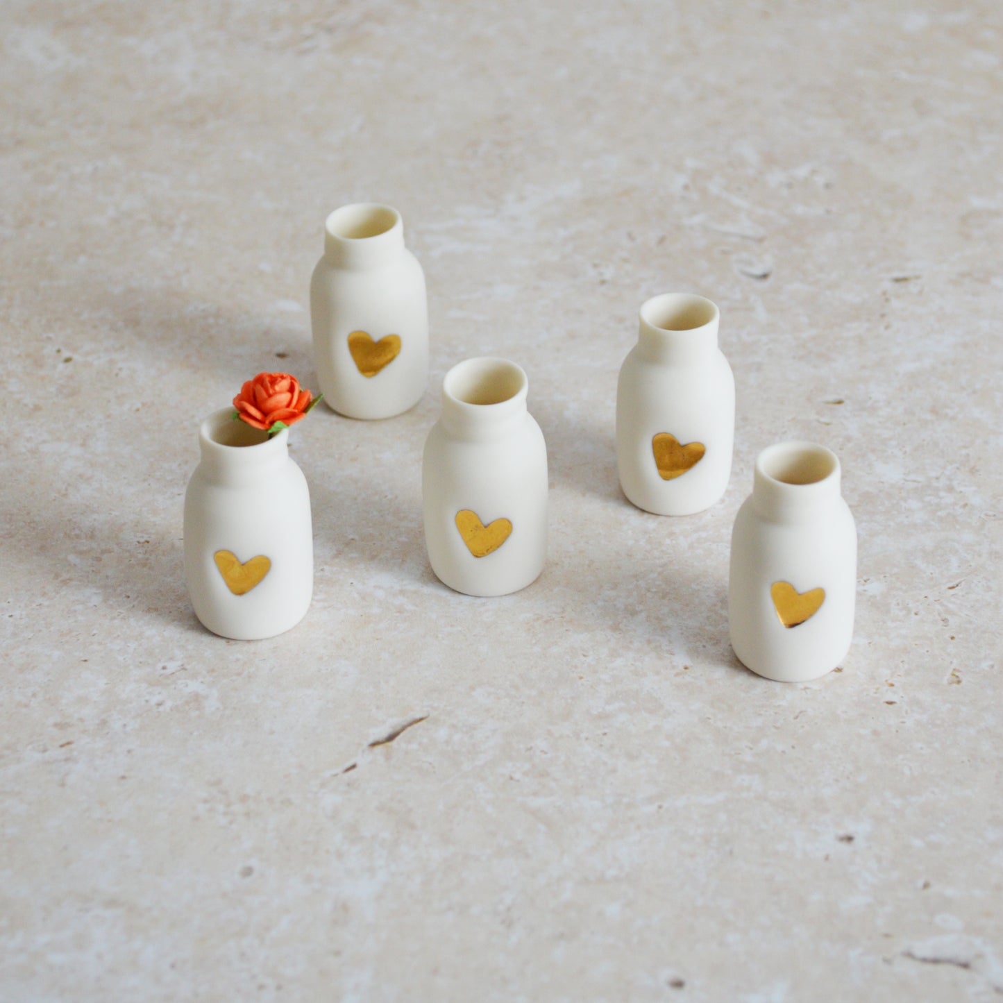 Seconds* Mini Bottle with An Embossed Gold Heart and Paper Rose | Valentine's Gifts | Porcelain (B3)