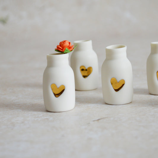 Seconds* Mini Bottle with An Embossed Gold Heart and Paper Rose | Valentine's Gifts | Porcelain (B3)